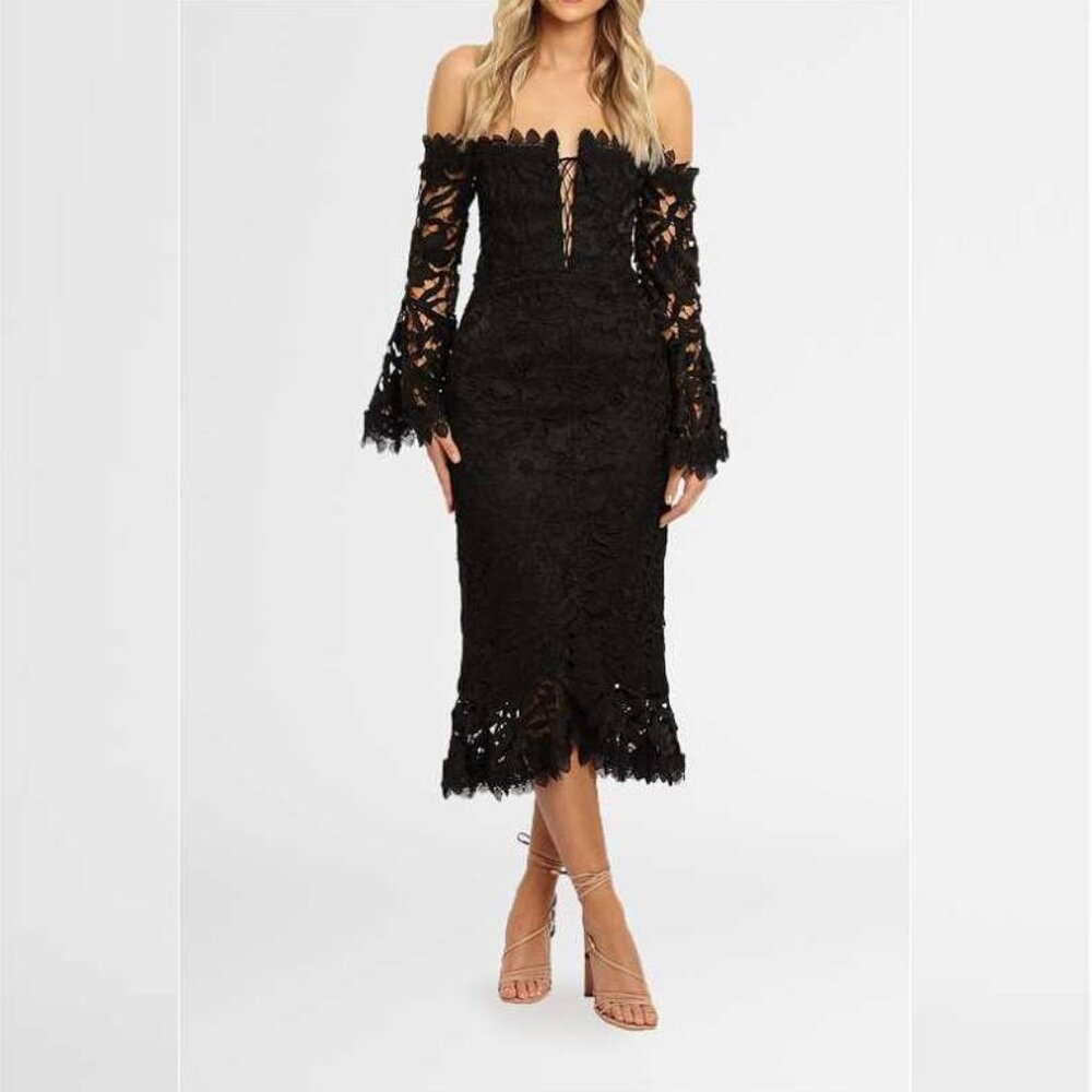 Nicholas Black Botanical Lace Lace-Up Off-Shoulder Cocktail Dress
